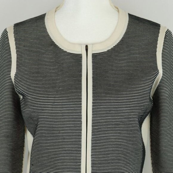 Narciso Rodriguez Women's Size 10 Black Cream Striped Silk Blend Zip Cardigan - Picture 2 of 8